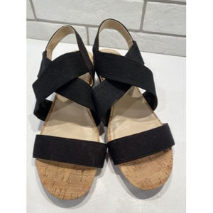 Bandolino Size 7 Open Cork Toe Elastic Strap Wedge‎ Sandal Black